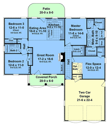 Country, Ranch, Traditional House Plan 102017 with 3 Beds, 2 Baths, 2 Car Garage First Level Plan
