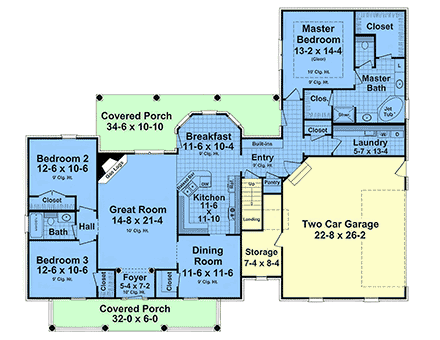 Country, Ranch, Traditional House Plan 102020 with 3 Beds, 2 Baths, 2 Car Garage First Level Plan
