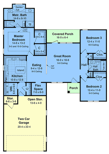 Country, Ranch, Traditional House Plan 102023 with 3 Beds, 2 Baths, 2 Car Garage First Level Plan