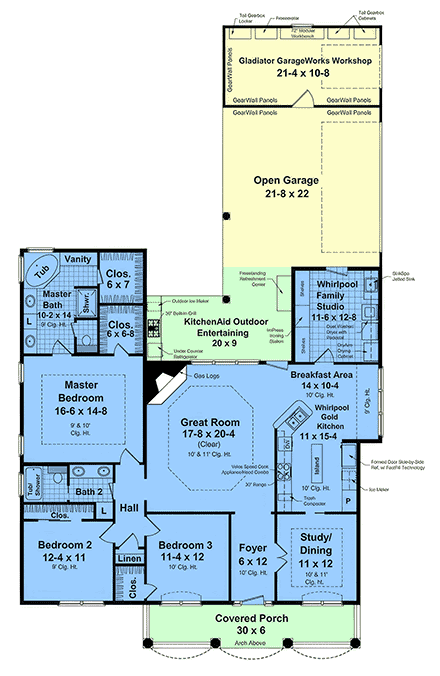 Country, Ranch, Traditional House Plan 102026 with 3 Beds, 2 Baths, 2 Car Garage First Level Plan