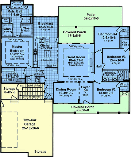 Country, Farmhouse, Southern, Traditional House Plan 102027 with 4 Beds, 3 Baths, 2 Car Garage First Level Plan