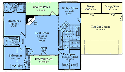 European, Ranch, Traditional House Plan 102030 with 2 Beds, 2 Baths, 2 Car Garage First Level Plan