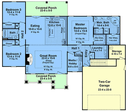 Country, Craftsman, Ranch, Traditional House Plan 102035 with 3 Beds, 2 Baths, 2 Car Garage First Level Plan