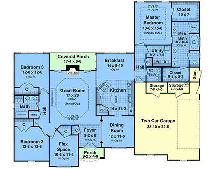 Craftsman, Farmhouse, French Country, Ranch House Plan 102042 with 3 Beds, 3 Baths First Level Plan