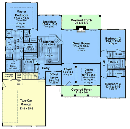 Craftsman, Farmhouse, French Country, Ranch House Plan 102043 with 3 Beds, 3 Baths, 2 Car Garage First Level Plan