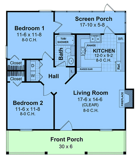 Cottage, Country, Southern House Plan 102045 with 2 Beds, 1 Baths First Level Plan