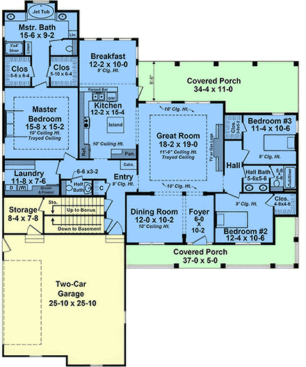 Country, Farmhouse, Ranch House Plan 102056 with 3 Beds, 3 Baths, 2 Car Garage First Level Plan