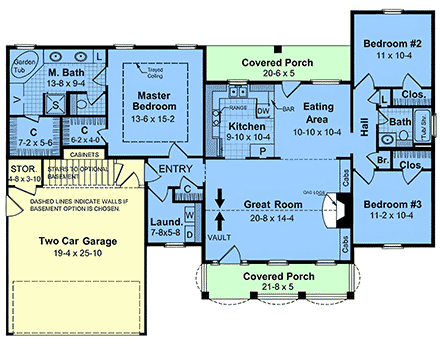 Country, Ranch, Traditional House Plan 102059 with 3 Beds, 2 Baths, 2 Car Garage First Level Plan
