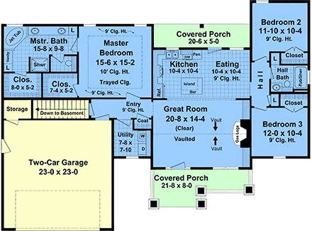 Contemporary, Craftsman, Farmhouse, Ranch House Plan 102061 with 3 Beds, 2 Baths, 2 Car Garage First Level Plan