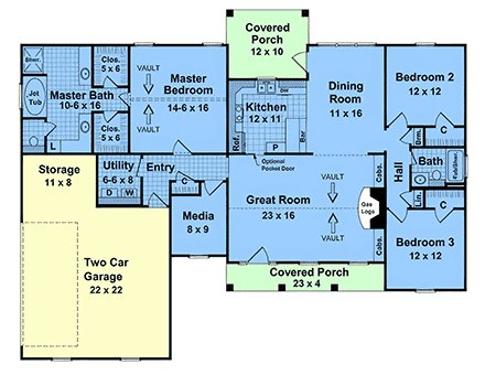 Country, Ranch, Traditional House Plan 102062 with 3 Beds, 2 Baths, 2 Car Garage First Level Plan