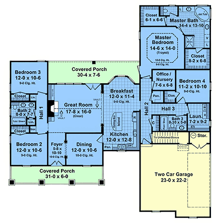 Contemporary, Country, Craftsman, Farmhouse, Southern House Plan 102065 with 4 Beds, 3 Baths, 2 Car Garage First Level Plan