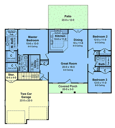 Contemporary, Farmhouse, Ranch, Traditional House Plan 102066 with 3 Beds, 2 Baths, 2 Car Garage First Level Plan