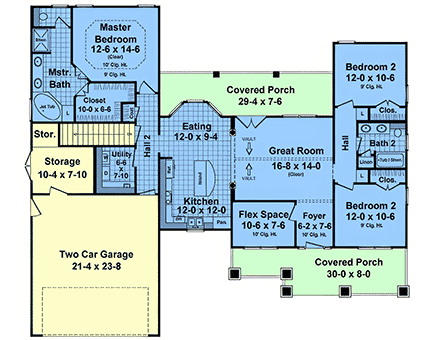 Contemporary, Farmhouse, Ranch, Traditional House Plan 102068 with 3 Beds, 2 Baths, 2 Car Garage First Level Plan