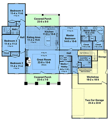 Contemporary, Farmhouse, Ranch, Traditional House Plan 102072 with 4 Beds, 3 Baths, 2 Car Garage First Level Plan