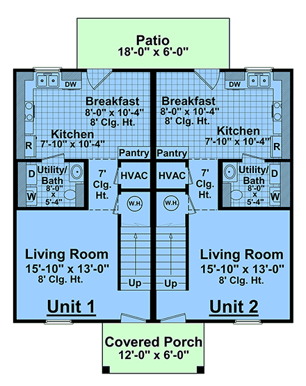 Country, Traditional Multi-Family Plan 102073 with 4 Beds, 4 Baths First Level Plan