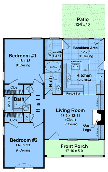 Contemporary, Country, Farmhouse, Ranch House Plan 102074 with 2 Beds, 2 Baths First Level Plan