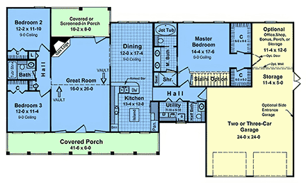 Contemporary, Country, Farmhouse, Ranch House Plan 102075 with 3 Beds, 3 Baths, 2 Car Garage First Level Plan