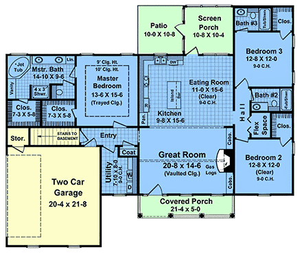 Contemporary, Country, Farmhouse, Ranch House Plan 102076 with 3 Beds, 3 Baths, 2 Car Garage First Level Plan