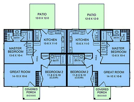 Country, Ranch, Traditional Multi-Family Plan 102081 with 4 Beds, 4 Baths First Level Plan