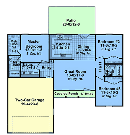 Contemporary, Country, Farmhouse, Ranch House Plan 102082 with 3 Beds, 2 Baths, 2 Car Garage First Level Plan
