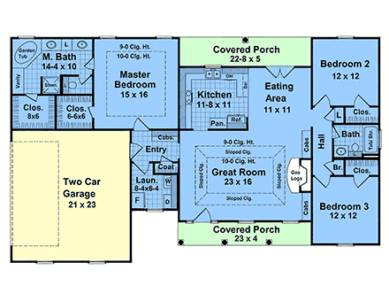 Contemporary, Country, Farmhouse, Ranch House Plan 102083 with 3 Beds, 2 Baths, 2 Car Garage First Level Plan