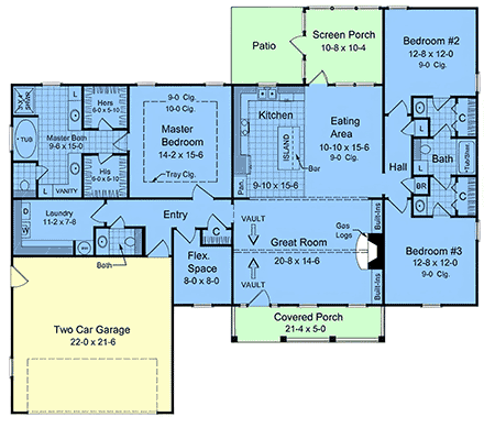 Contemporary, Country, Farmhouse, Ranch House Plan 102089 with 3 Beds, 3 Baths, 2 Car Garage First Level Plan