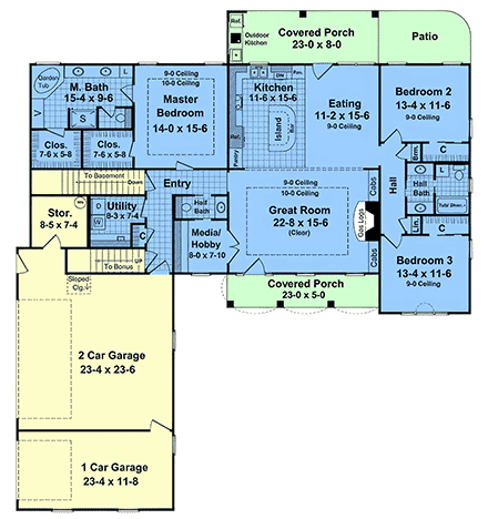 Country, Ranch, Traditional House Plan 102091 with 3 Beds, 3 Baths, 3 Car Garage First Level Plan