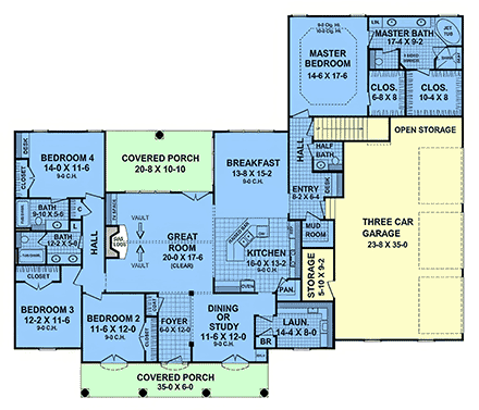 European, Ranch, Traditional House Plan 102098 with 4 Beds, 4 Baths, 3 Car Garage First Level Plan