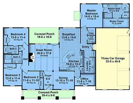 Contemporary, Craftsman, Farmhouse, Ranch House Plan 102099 with 4 Beds, 4 Baths, 3 Car Garage First Level Plan