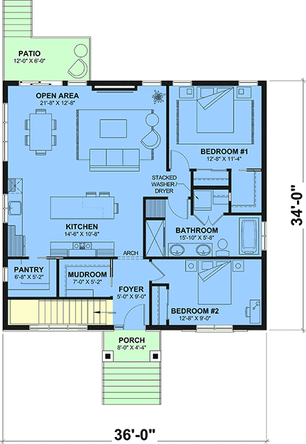 Cottage, Country, Craftsman, Farmhouse House Plan 102106 with 2 Beds, 1 Baths First Level Plan
