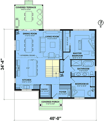 Contemporary, Country, Craftsman, Farmhouse, Ranch House Plan 102113 with 2 Beds, 1 Baths First Level Plan