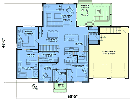Contemporary, Country, Farmhouse, Ranch House Plan 102117 with 2 Beds, 2 Baths, 2 Car Garage First Level Plan