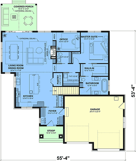 Contemporary, Country, Craftsman, Ranch House Plan 102120 with 1 Beds, 2 Baths, 2 Car Garage First Level Plan