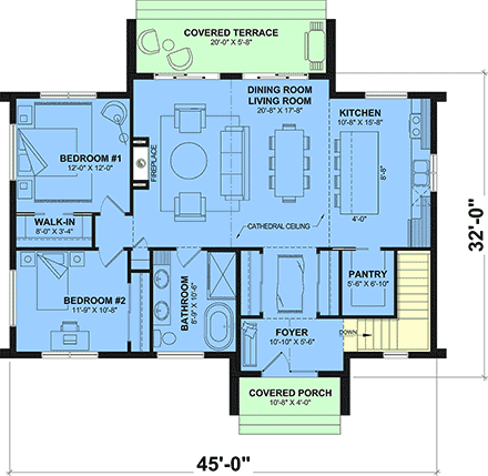 Cabin, Contemporary, Cottage, Modern House Plan 102125 with 2 Beds, 1 Baths First Level Plan
