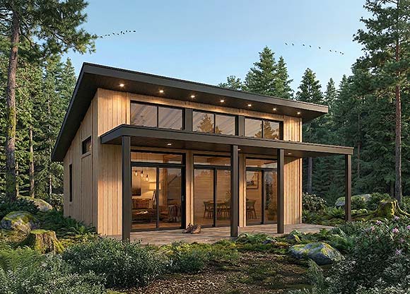 Cabin, Contemporary, Cottage, Modern House Plan 102131 with 2 Beds, 1 Baths Elevation