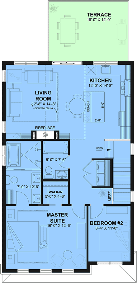 Cabin, Contemporary, Cottage, Craftsman, Farmhouse Garage-Living Plan 102138 with 2 Beds, 3 Baths, 2 Car Garage Second Level Plan