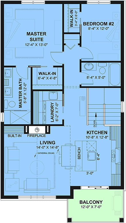 Cabin, Contemporary, Cottage, Craftsman, Farmhouse Garage-Living Plan 102139 with 2 Beds, 3 Baths, 2 Car Garage Second Level Plan