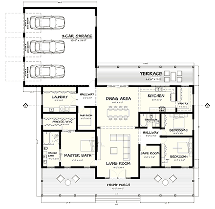 Contemporary, Cottage, Farmhouse, Traditional House Plan 102205 with 3 Beds, 2 Baths, 3 Car Garage First Level Plan