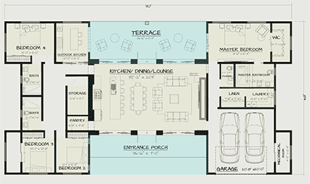 Contemporary, Country, Craftsman, Farmhouse, Ranch House Plan 102222 with 4 Beds, 3 Baths, 2 Car Garage First Level Plan