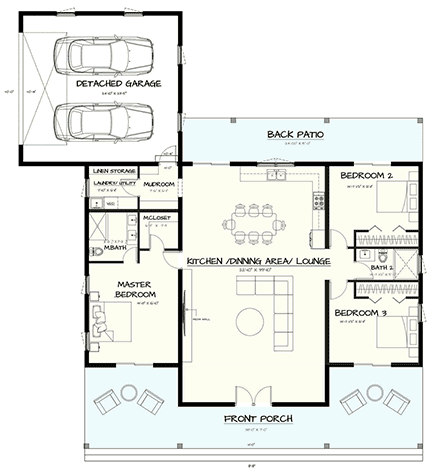 Country, Farmhouse, Ranch, Southern, Traditional House Plan 102226 with 3 Beds, 2 Baths, 2 Car Garage First Level Plan