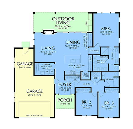 Contemporary, Farmhouse, Ranch House Plan 102302 with 3 Beds, 2 Baths, 2 Car Garage First Level Plan