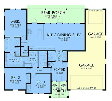 Contemporary, Farmhouse, Ranch House Plan 102305 with 3 Beds, 2 Baths, 2 Car Garage First Level Plan