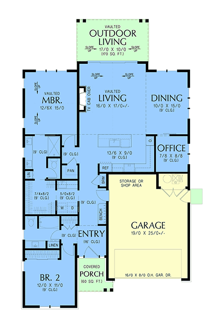 Contemporary, Cottage, Farmhouse, Ranch House Plan 102307 with 2 Beds, 2 Baths, 2 Car Garage First Level Plan