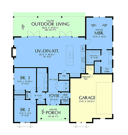 Contemporary, Country, Farmhouse, Ranch House Plan 102308 with 3 Beds, 2 Baths, 2 Car Garage First Level Plan