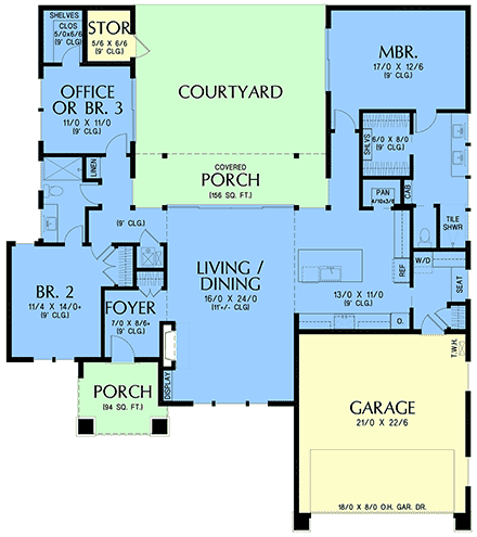 Contemporary, Craftsman, Farmhouse, Ranch House Plan 102309 with 3 Beds, 2 Baths, 2 Car Garage First Level Plan
