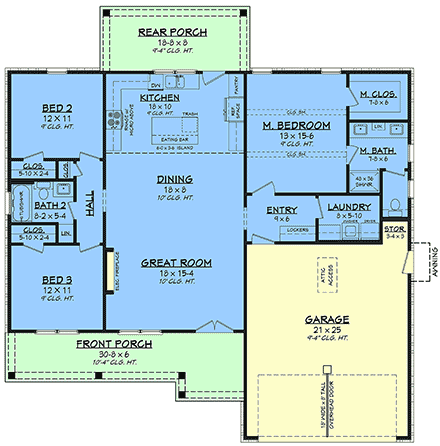 Country, Farmhouse, Southern, Traditional House Plan 102401 with 3 Beds, 2 Baths, 2 Car Garage First Level Plan