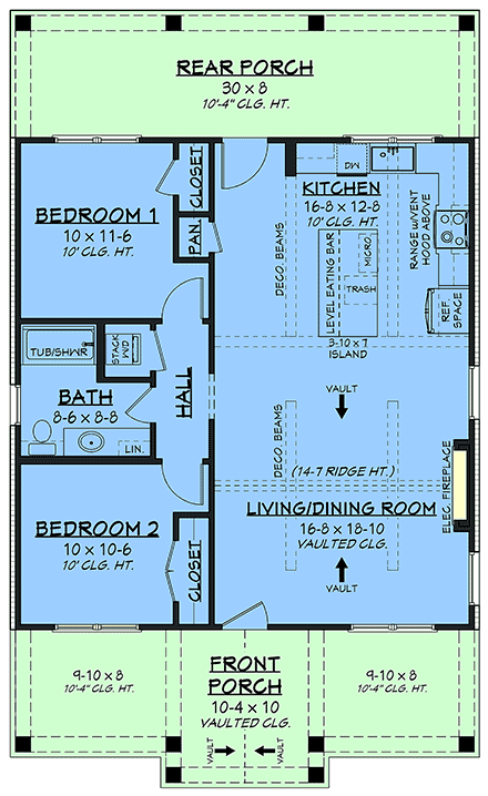 Cottage, Country, Farmhouse, Southern House Plan 102402 with 2 Beds, 1 Baths First Level Plan