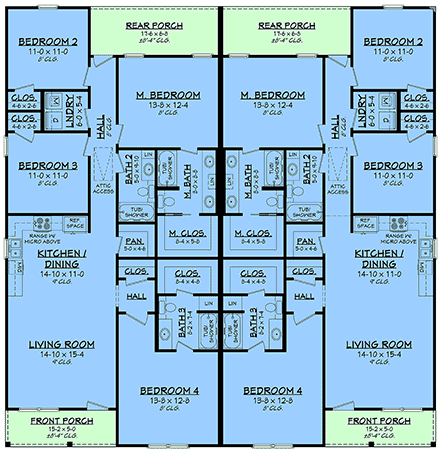 Contemporary, Country, Farmhouse, Traditional Multi-Family Plan 102408 with 8 Beds, 6 Baths First Level Plan