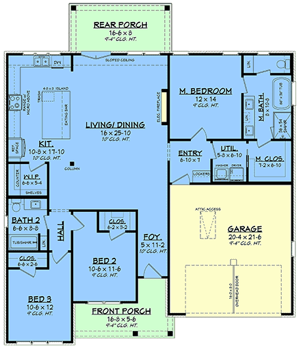 Country, Farmhouse, Southern, Traditional House Plan 102414 with 3 Beds, 2 Baths, 2 Car Garage First Level Plan