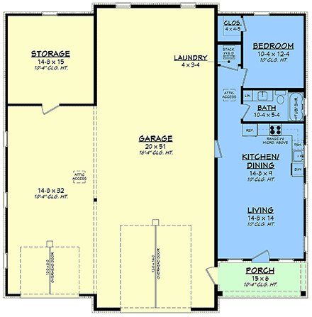 Country, Farmhouse, Southern Garage-Living Plan 102416 with 1 Beds, 1 Baths, 2 Car Garage First Level Plan